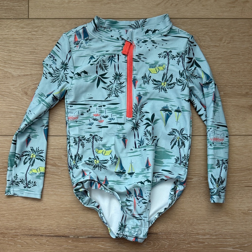 Toddler Girl Rash Guard Swimsuit Light Blue Tropical Print